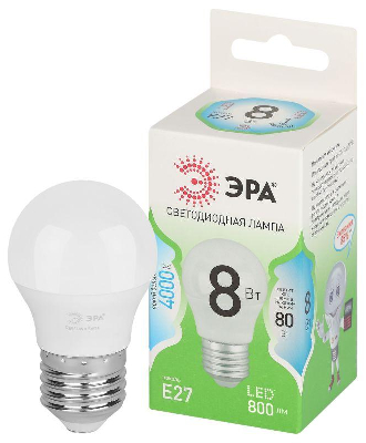 Лампа светодиодная GREEN LINE P45-8W-840-E27 GL 8Вт шар 4000К яркий свет бел. E27 Эра Б0067073